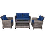 4 Piece Patio Wicker Conversation Furniture Set Outdoor Rattan Sofa Seating Group with Padded Cushions & Tempered Glass Coffee Table