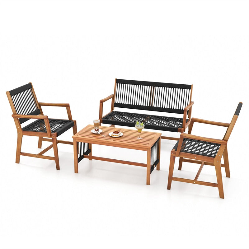 4pcs Acacia Wood Outdoor Conversation Table Chair Set Patio Chat Set with Coffee Table & Hand-Woven Rope Loveseat Chairs