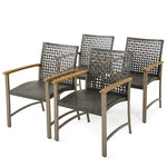 4 Pack PE Wicker Patio Dining Chairs Heavy-Duty Metal Frame Outdoor Dining Chairs with Acacia Wood Armrests