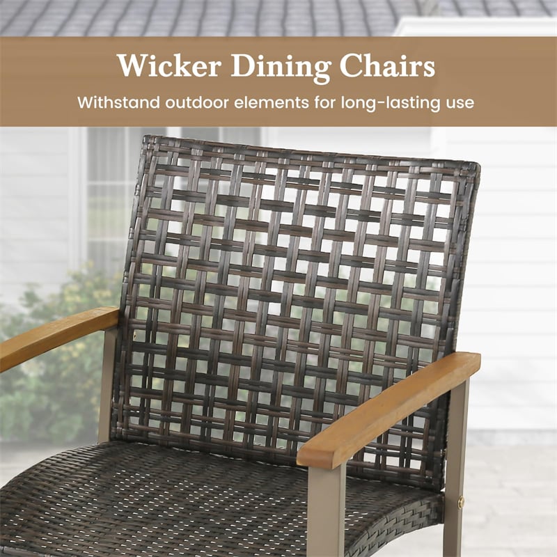 4 Pack PE Wicker Patio Dining Chairs Heavy-Duty Metal Frame Outdoor Dining Chairs with Acacia Wood Armrests