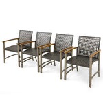 4 Pack PE Wicker Patio Dining Chairs Heavy-Duty Metal Frame Outdoor Dining Chairs with Acacia Wood Armrests