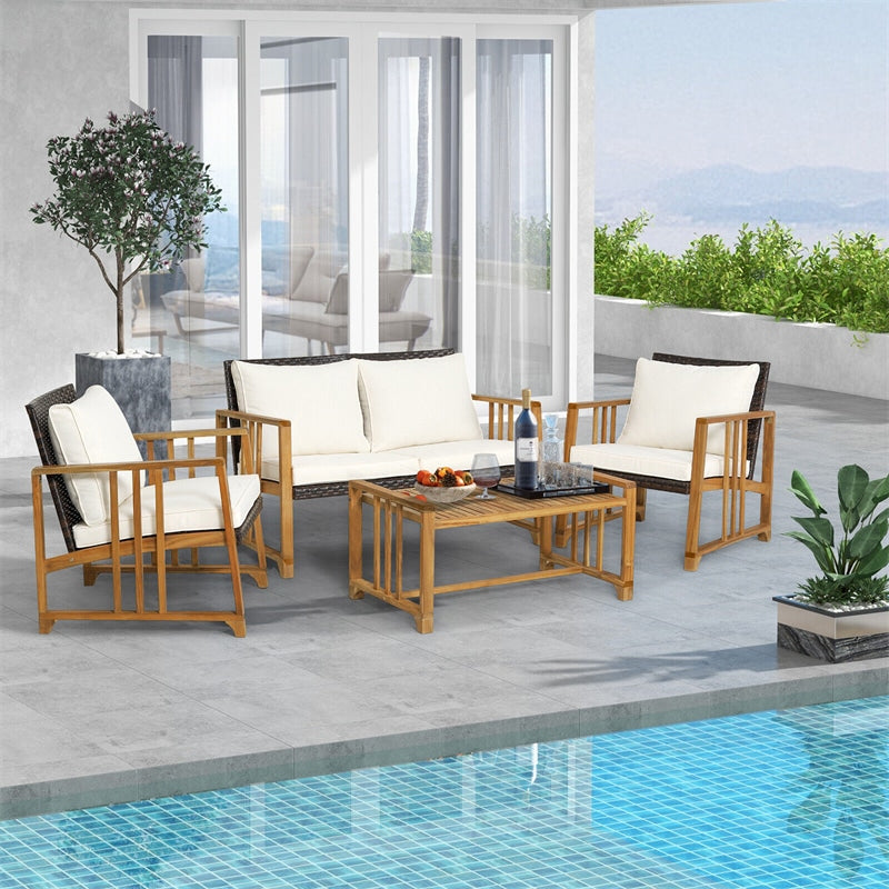 4 Piece Acacia Wood Frame Rattan Patio Sofa Set with Seat & Back Cushions, Wicker Outdoor Conversation Set for Garden Yard