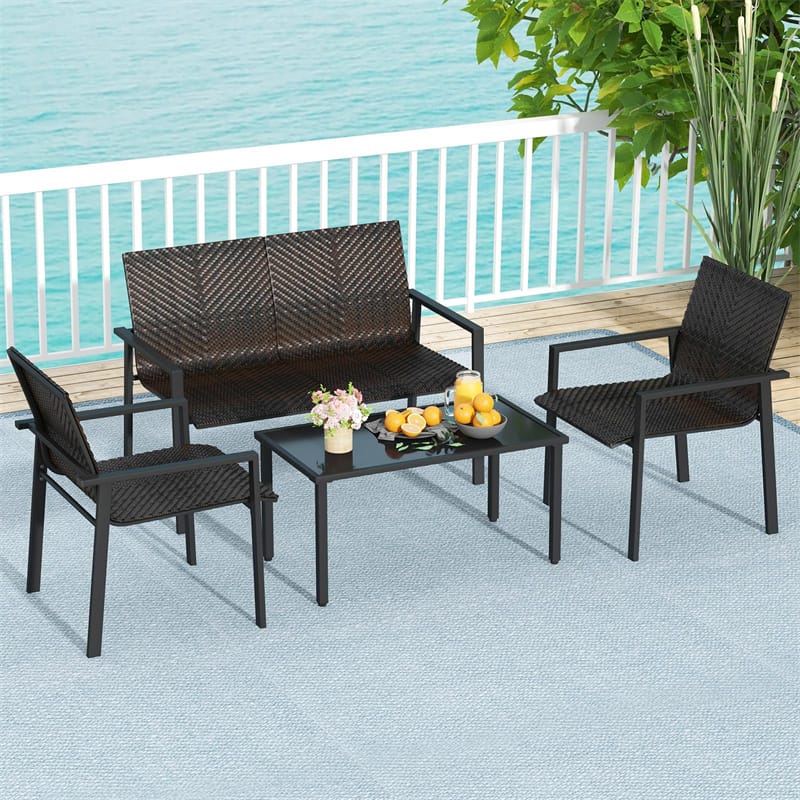 4 Piece Patio PE Rattan Furniture Set Outdoor Wicker Loveseat Chair Table Set Heavy Duty Galvanized Metal Frame for Small Space Balcony