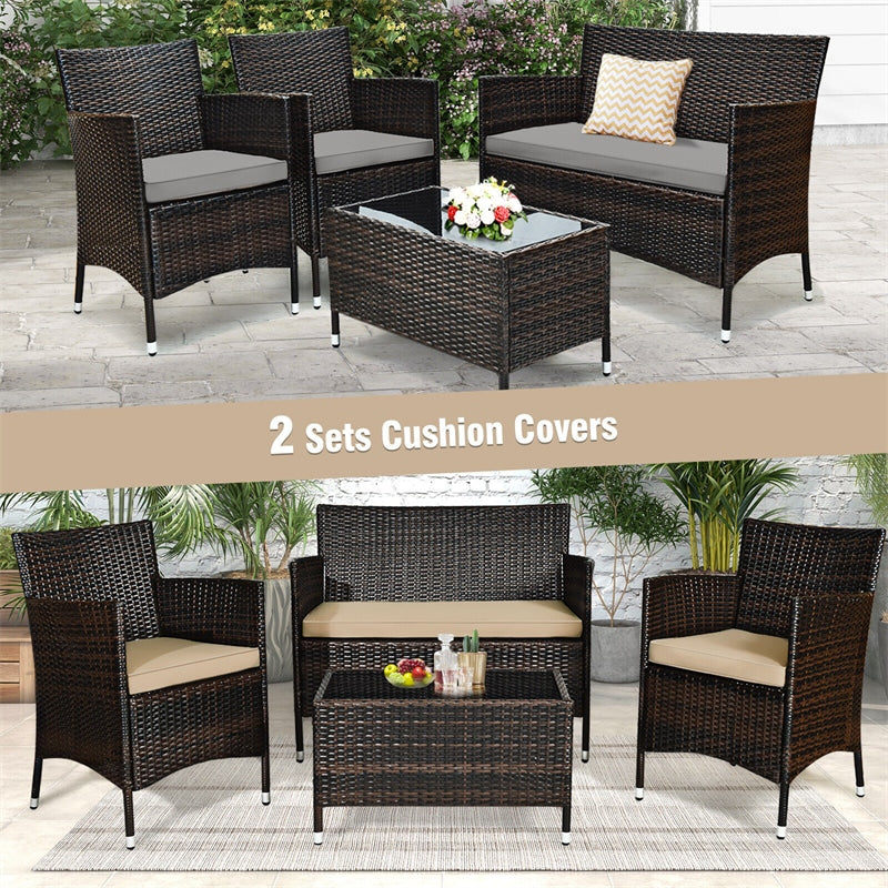 4 Pcs Wicker Outdoor Seating Group Rattan Patio Loveseat Chair Coffee Table Set with 3 Seat Cushions & 2 Sets Covers