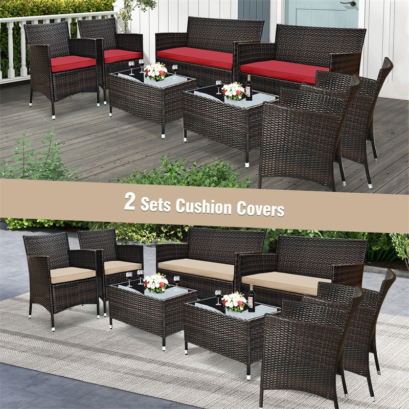 4 Pcs Wicker Outdoor Seating Group Rattan Patio Loveseat Chair Coffee Table Set with 3 Seat Cushions & 2 Sets Covers