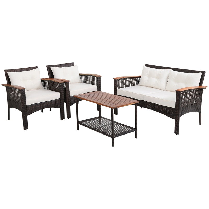 4-Piece Wicker Patio Furniture Set Acacia Wood Outdoor PE Rattan Sectional Sofa Set with Cushions & Coffee Table for Garden Backyard