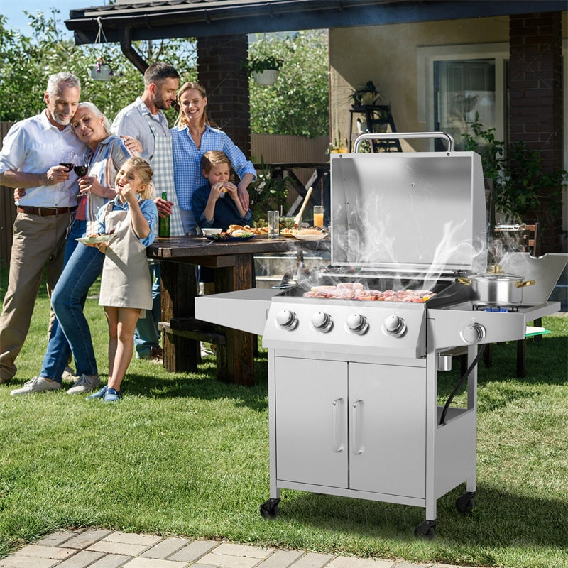 5-Burner Propane Gas Grill 50,000 BTU Heavy-Duty BBQ Grill with Stainless Steel Side Burner, 2 Prep Tables & 4 Wheels