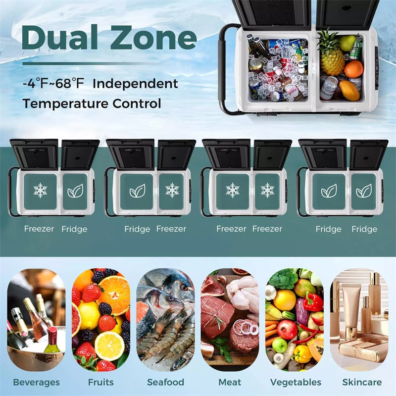 12V Dual Zone Car Refrigerator On Wheels 53-Quart Portable Car Fridge Freezer for RV Camping with Touch Control Panel, ECO Mode, Reversible Lids