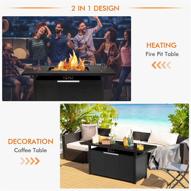 57" Propane Fire Pit Table 50,000 BTU Auto-Ignition Patio Gas Fire Pit Rectangular Outdoor Fire Table with Removable Lid & Lava Rocks