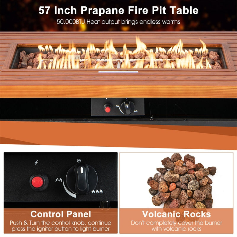 57" Propane Fire Pit Table 50,000 BTU Auto-Ignition Patio Gas Fire Pit Rectangular Outdoor Fire Table with Removable Lid & Lava Rocks