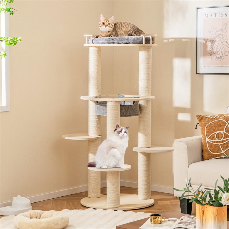 59" Tall Wooden Cat Tree 6-Level Large Modern Cat Tree Tower with Top Padded Perch, Hammock, 3 Platforms, Sisal Scratching Posts for Indoor Cats