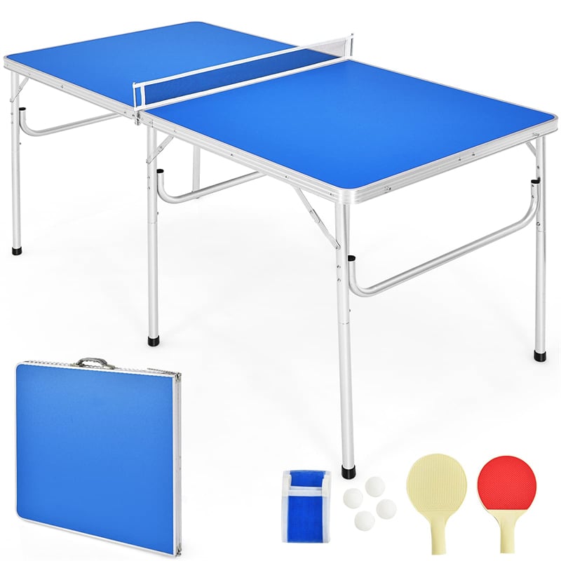 60" Portable Table Tennis Table Folding Ping Pong Table with Net, 2 Paddles & 4 Balls, Multipurpose Freestanding Table for Indoor Outdoor Use