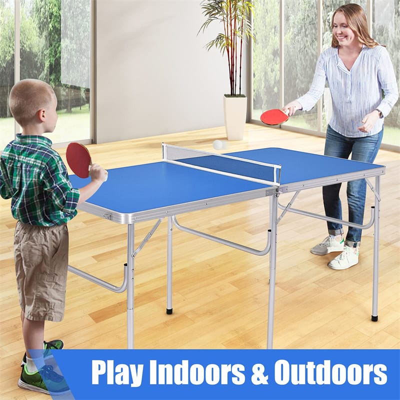 60" Portable Table Tennis Table Folding Ping Pong Table with Net, 2 Paddles & 4 Balls, Multipurpose Freestanding Table for Indoor Outdoor Use