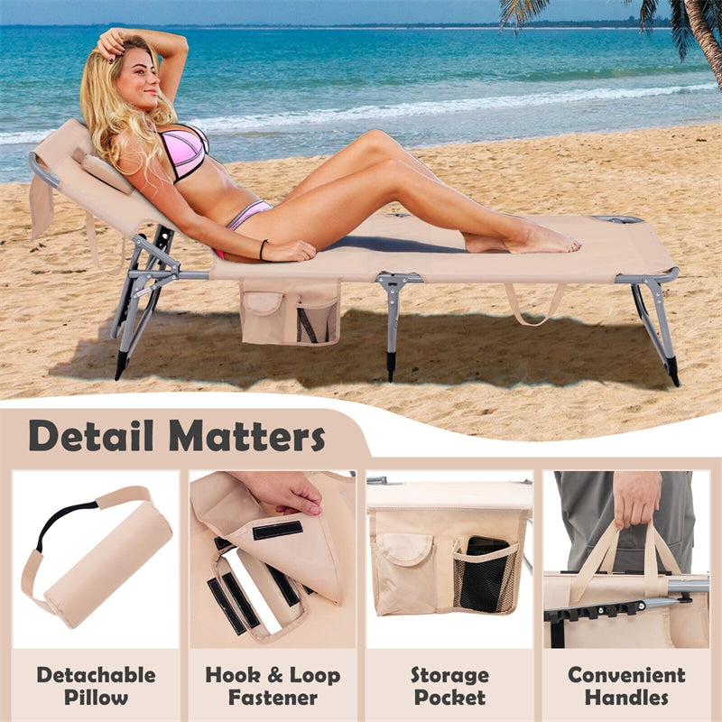 Folding Beach Lounge Chair 5-Position Adjustable Outdoor Tanning Chair with Pillow