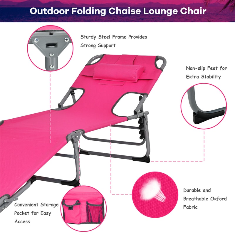 Folding Beach Lounge Chair 5-Position Adjustable Outdoor Tanning Chair with Pillow