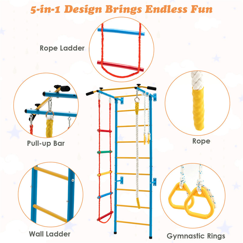 5-in-1 Steel Swedish Ladder Wall Set Toddler Climbing Toy Kids Indoor Jungle Gym with Pull-up Bar & Gymnastic Rings