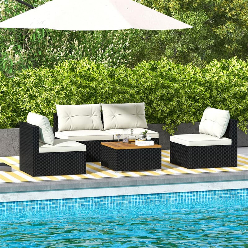 5-Piece Patio Rattan Sectional Sofa Set Outdoor Wicker Conversation Set with Acacia Wood Side Table, Seat & Back Cushions