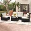 5 Piece Outdoor Wicker Furniture Set Patio PE Rattan Sofa Conversation Set Sectional Sofa with Tempered Glass Coffee Table, Back & Seat Cushions