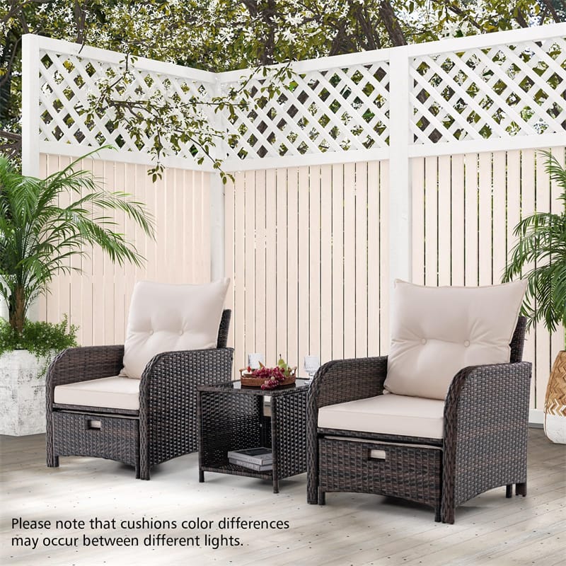 5PCS Wicker Patio Conversation Set Space Saving Rattan Sofa Set Outdoor Cushioned Chairs with 2 Ottomans & Tempered Glass Coffee Table for Backyard