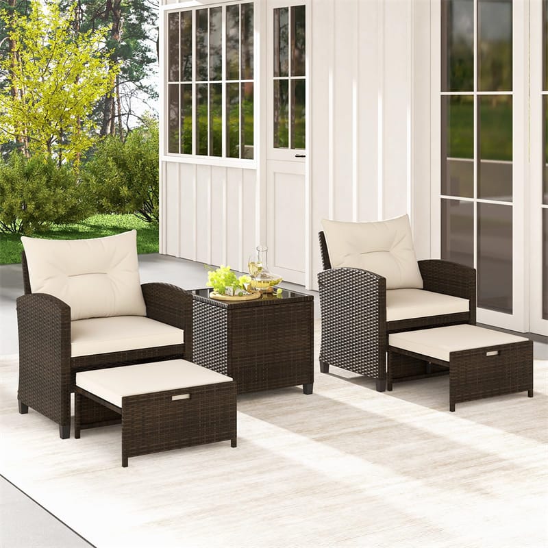 5 Piece Patio Rattan Furniture Set Wicker Cushioned Chairs Set with 2 Ottomans, Tempered Glass Coffee Table, Outdoor Sectional Conversation Set