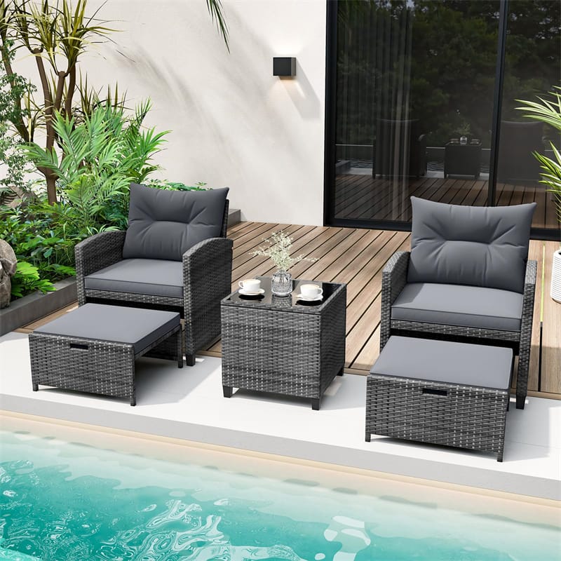 5PCS Patio Rattan Furniture Set Wicker Cushioned Chairs Set w/ 2 Ottomans & Tempered Glass Coffee Table, Sectional Garden Conversation Set