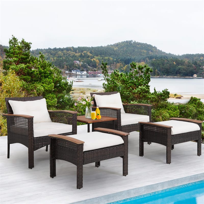 5PCS Patio Rattan Sofa Furniture Set Acacia Wood Wicker Outdoor Conversation Set with 2 Cushioned Chairs, 2 Ottomans & Coffee Table