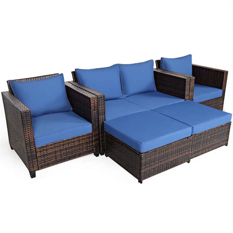 5 Piece Rattan Patio Furniture Set Conversation Set Wicker Loveseat Sofa Chair with Cushions & Ottomans for Yard Garden Poolside