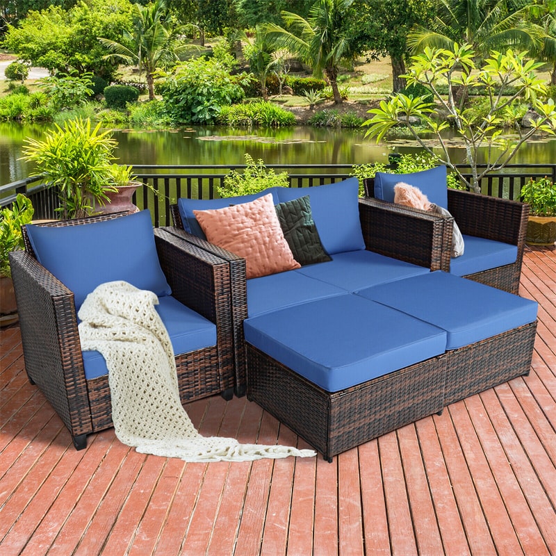 5 Piece Rattan Patio Furniture Set Conversation Set Wicker Loveseat Sofa Chair with Cushions & Ottomans for Yard Garden Poolside