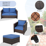 5 Piece Rattan Patio Furniture Set Conversation Set Wicker Loveseat Sofa Chair with Cushions & Ottomans for Yard Garden Poolside