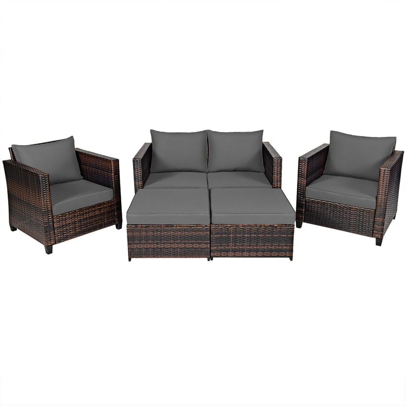 5 Piece Rattan Patio Furniture Set Conversation Set Wicker Loveseat Sofa Chair with Cushions & Ottomans for Yard Garden Poolside