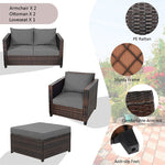 5 Piece Rattan Patio Furniture Set Conversation Set Wicker Loveseat Sofa Chair with Cushions & Ottomans for Yard Garden Poolside