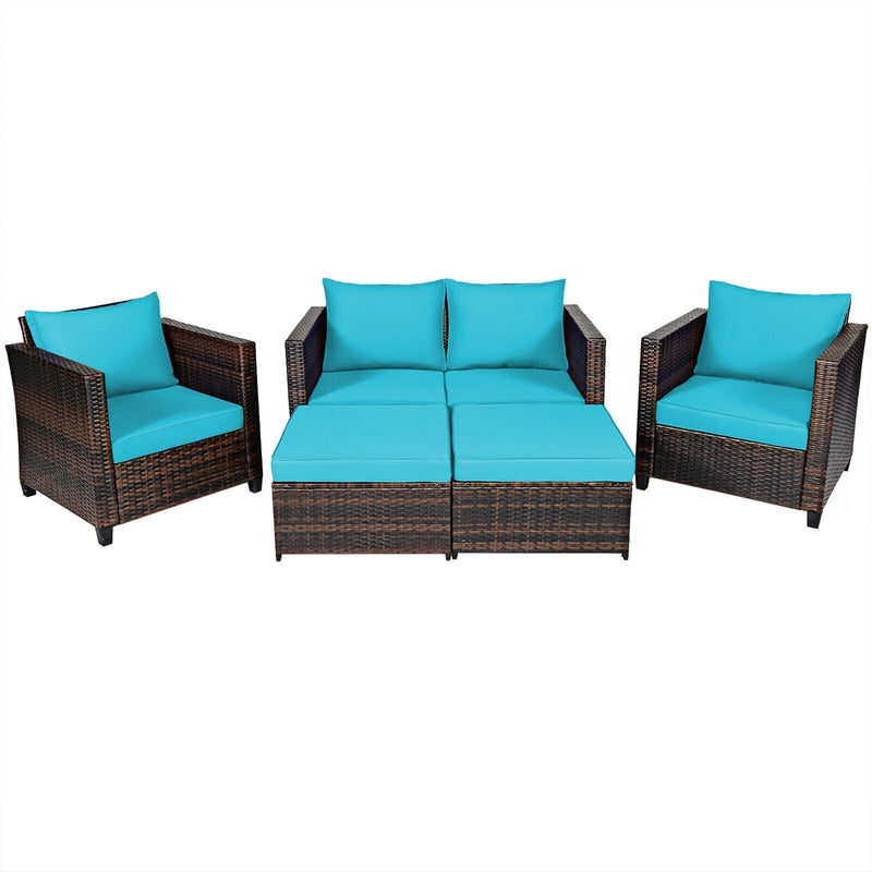 5 Piece Rattan Patio Furniture Set Conversation Set Wicker Loveseat Sofa Chair with Cushions & Ottomans for Yard Garden Poolside