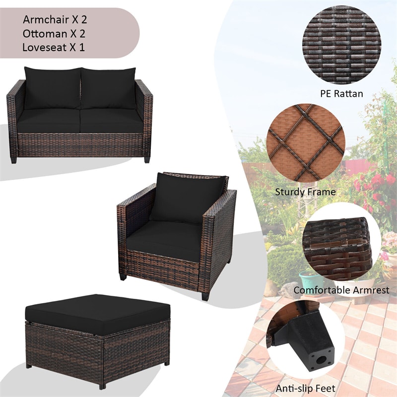 5 Piece Rattan Patio Furniture Set Conversation Set Wicker Loveseat Sofa Chair with Cushions & Ottomans for Yard Garden Poolside