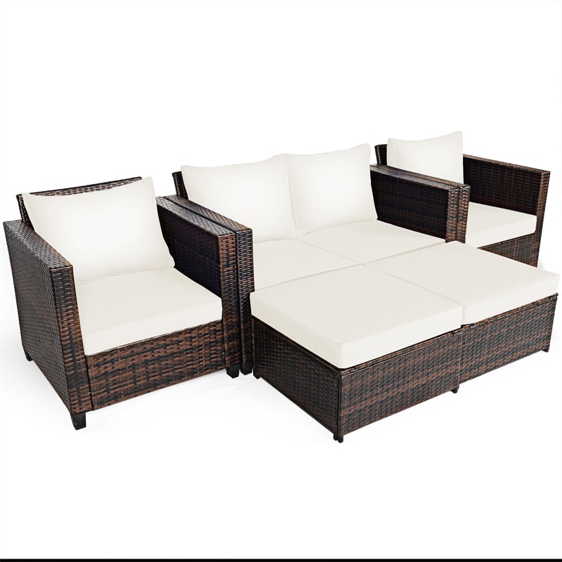 5 Piece Rattan Patio Furniture Set Conversation Set Wicker Loveseat Sofa Chair with Cushions & Ottomans for Yard Garden Poolside