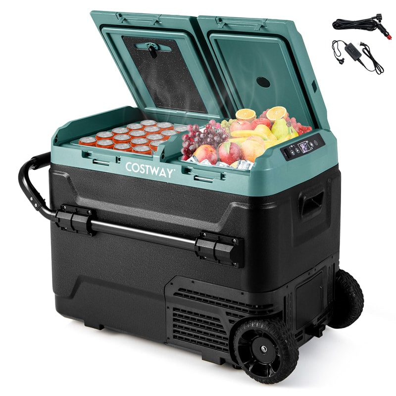 12V Dual Zone Car Refrigerator On Wheels 64Qt Portable Car Fridge Freezer for RV Camping with Touch Control Panel, ECO Mode, Reversible Lids