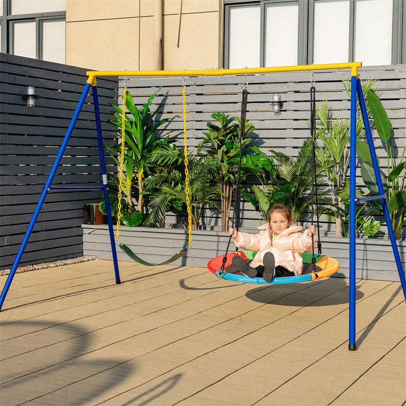 660lbs Heavy Duty Metal A-Frame Swing Set Extra Large Swing Stand with 2 Saucer Swings, Ground Stakes, Adjustable Ropes for Indoor Outdoor