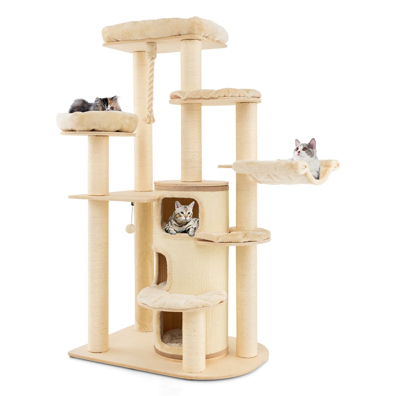 67" Tall Wooden Cat Tree Multi-Level Modern Large Cat Tower with 3-Story Cat Condo 2 Perches & Scratching Posts Spring Ball