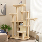 67" Tall Wooden Cat Tree Multi-Level Modern Large Cat Tower with 3-Story Cat Condo 2 Perches & Scratching Posts Spring Ball