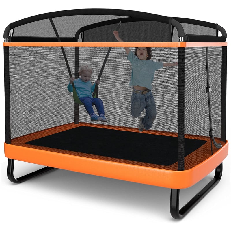 6FT Kids Trampoline with Swing & Safety Enclosure Net, ASTM Approved Toddler Small Trampoline Outdoor Indoor Rectangle Recreational Trampoline