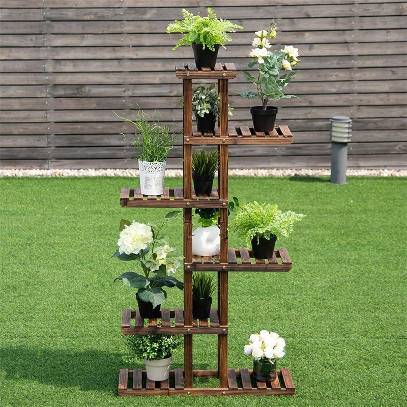 6 Tier Wood Garden Plant Stand Flower Pot Planter Display Rack Multifunctional Hollow Storage Rack Bookshelf