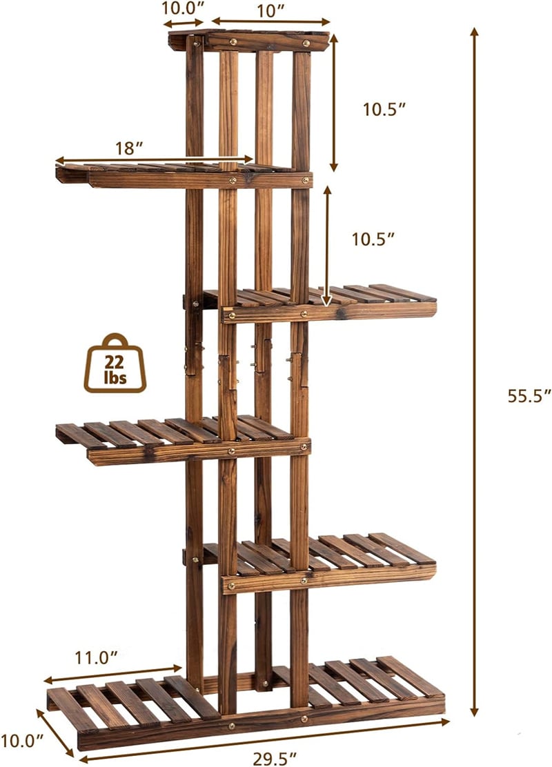 6 Tier Wood Garden Plant Stand Flower Pot Planter Display Rack Multifunctional Hollow Storage Rack Bookshelf