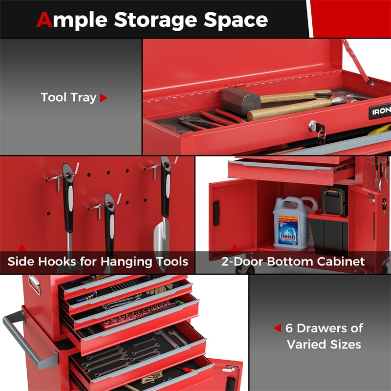 6 Drawers Extra Large Rolling Tool Chest 2-in-1 Heavy-Duty Tool Box Storage Cabinet on 4" Universal Lockable Wheels for Workshop Garage