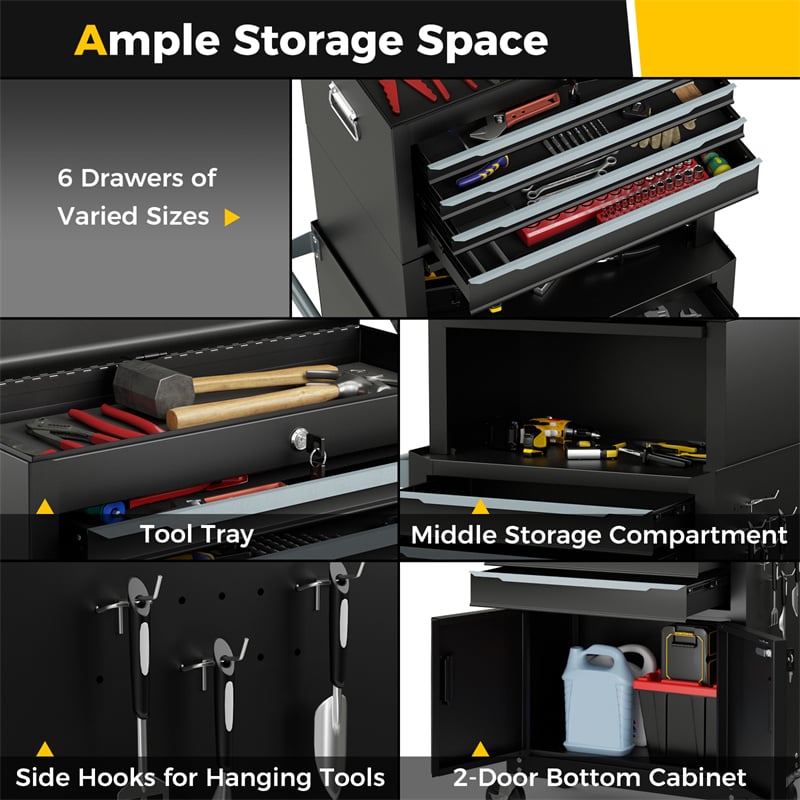 6 Drawer Rolling Tool Chest 3-in-1 Extra Large Toolbox Storage Cabinet Heavy-Duty Tool Box Organizer with Middle Box & 4” Lockable Wheels