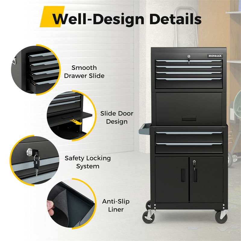 6 Drawer Rolling Tool Chest 3-in-1 Extra Large Toolbox Storage Cabinet Heavy-Duty Tool Box Organizer with Middle Box & 4” Lockable Wheels