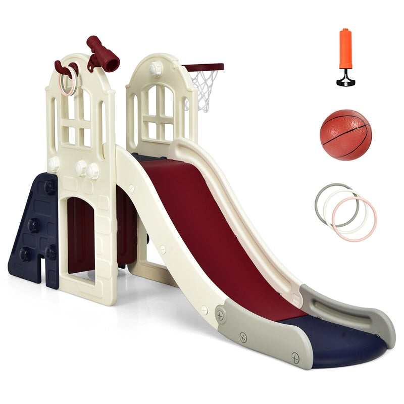 6-In-1 Large Slide for Kids Freestanding Toddler Climber Slide Playset with Basketball Hoop & Ring Toss