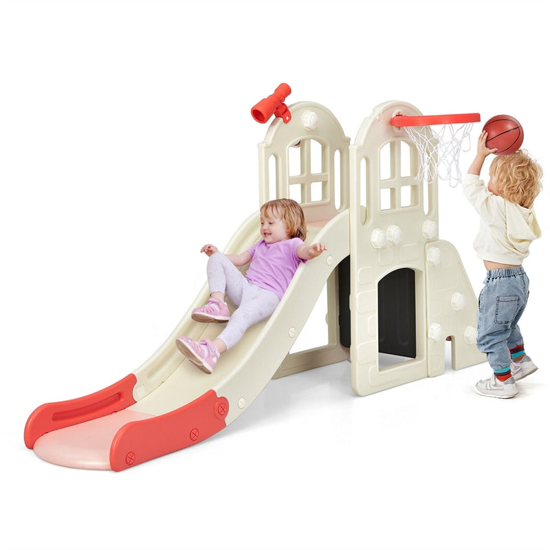 6-In-1 Large Slide for Kids Freestanding Toddler Climber Slide Playset with Basketball Hoop & Ring Toss