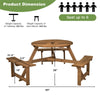 6 Person Wooden Picnic Table Bench Set Round Outdoor Table with 3 Built-in Benches & Umbrella Hole