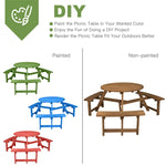 6 Person Wooden Picnic Table Bench Set Round Outdoor Table with 3 Built-in Benches & Umbrella Hole