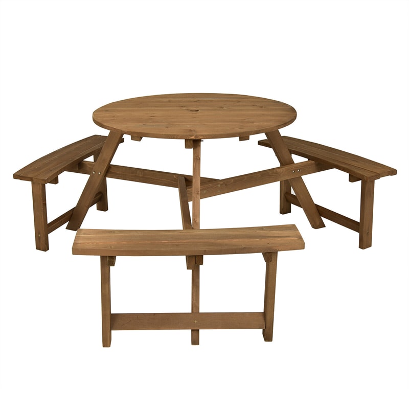 6 Person Wooden Picnic Table Bench Set Round Outdoor Table with 3 Built-in Benches & Umbrella Hole