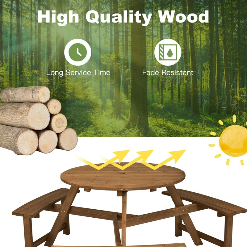 6 Person Wooden Picnic Table Bench Set Round Outdoor Table with 3 Built-in Benches & Umbrella Hole